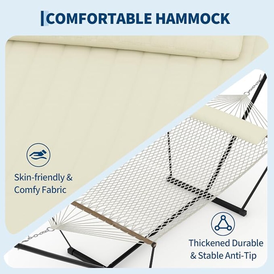 image 1 of London Boutique Double Hammock with Stand, 450lbs Heavy Duty 2 Person Hammock with Pillow & Pad for Backyard Garden Camping