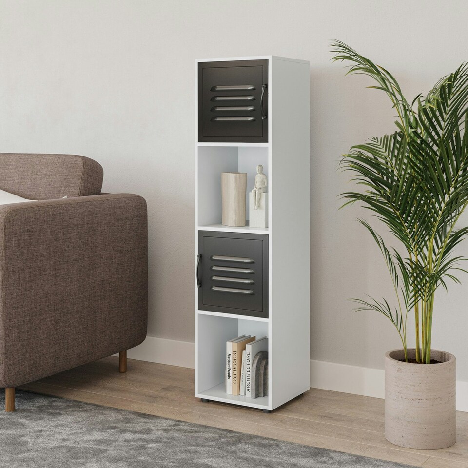 image 1 of 4 -Cube Tall Shelving Unit With Metal Doors Brown | Brown / Black