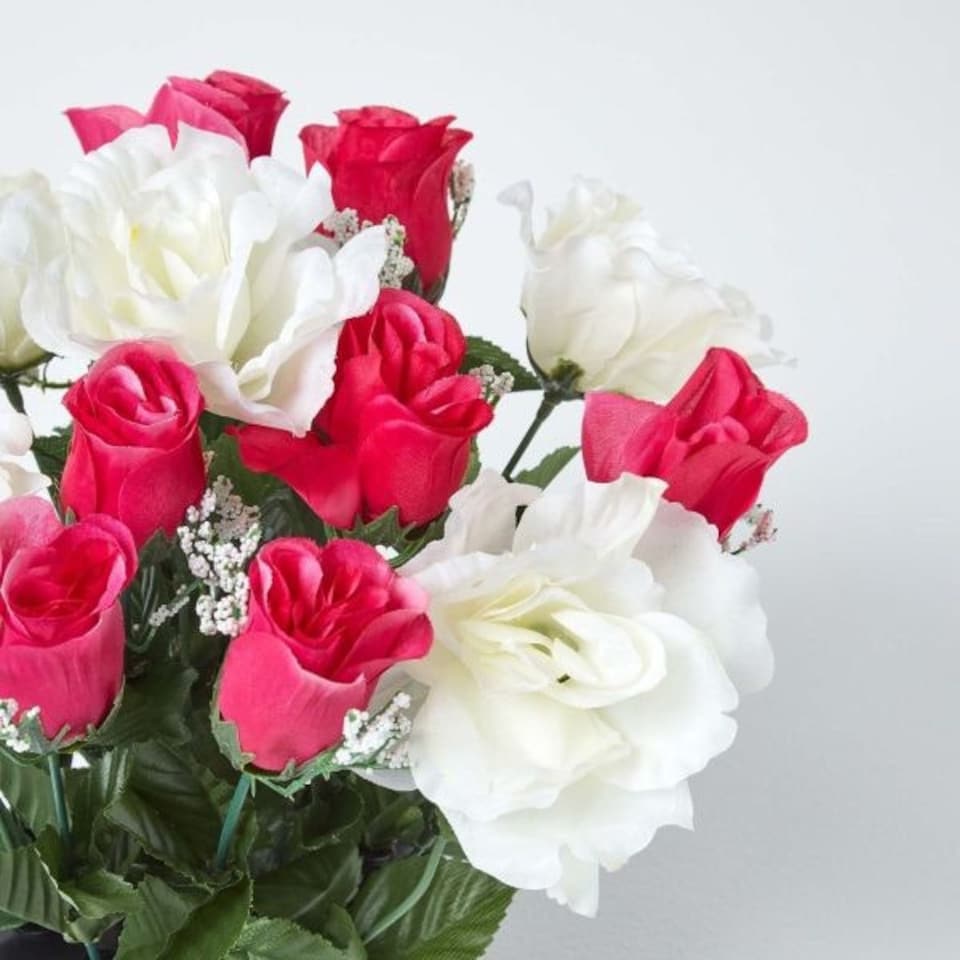 image 1 of Homescapes Set of 2 Pink & Purple Roses Artificial Flowers in Grave Vases