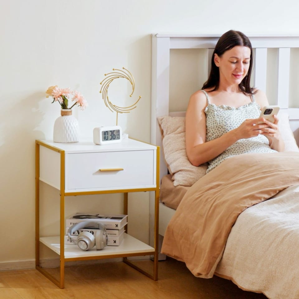 image 1 of HOMCOM Modern Bedside Table, Nightstand with Drawer Shelf White