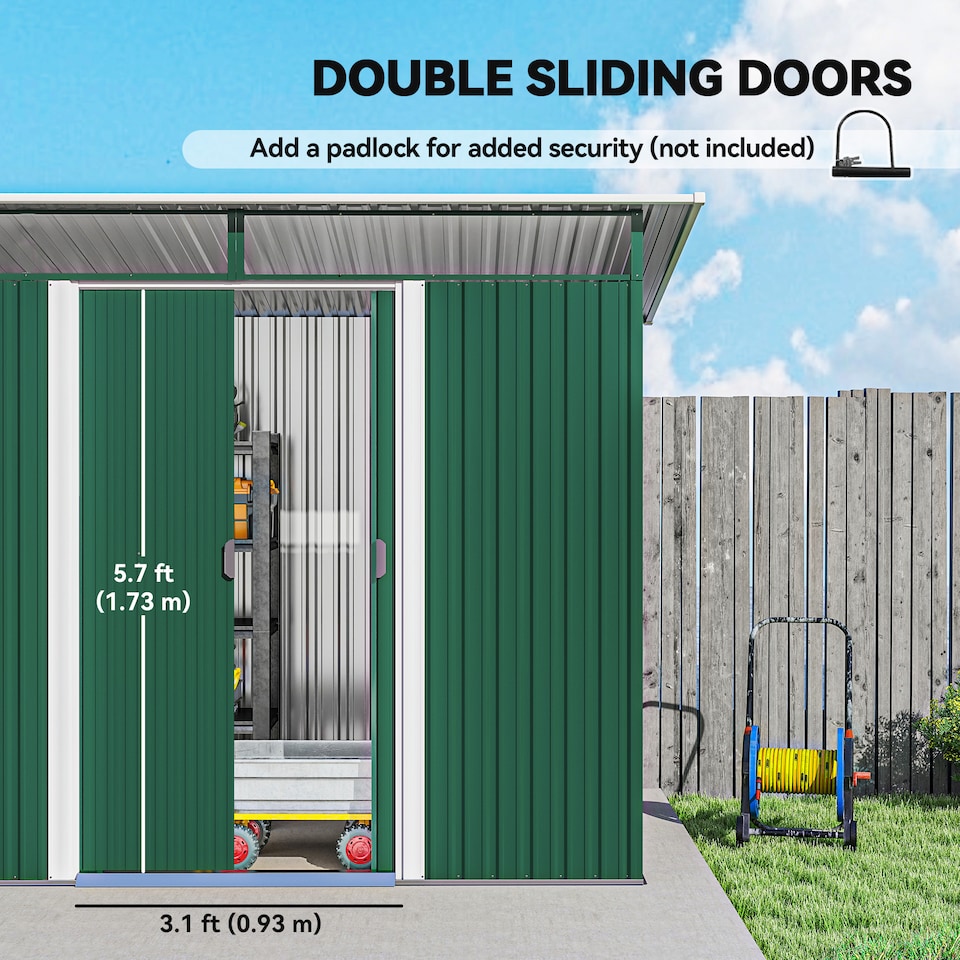 image 1 of Outsunny 8.5 x 4ft Metal Shed with Lightsky Panels, Garden Storage Tool House with Double Doors for Garden, Patio and Lawn, Green