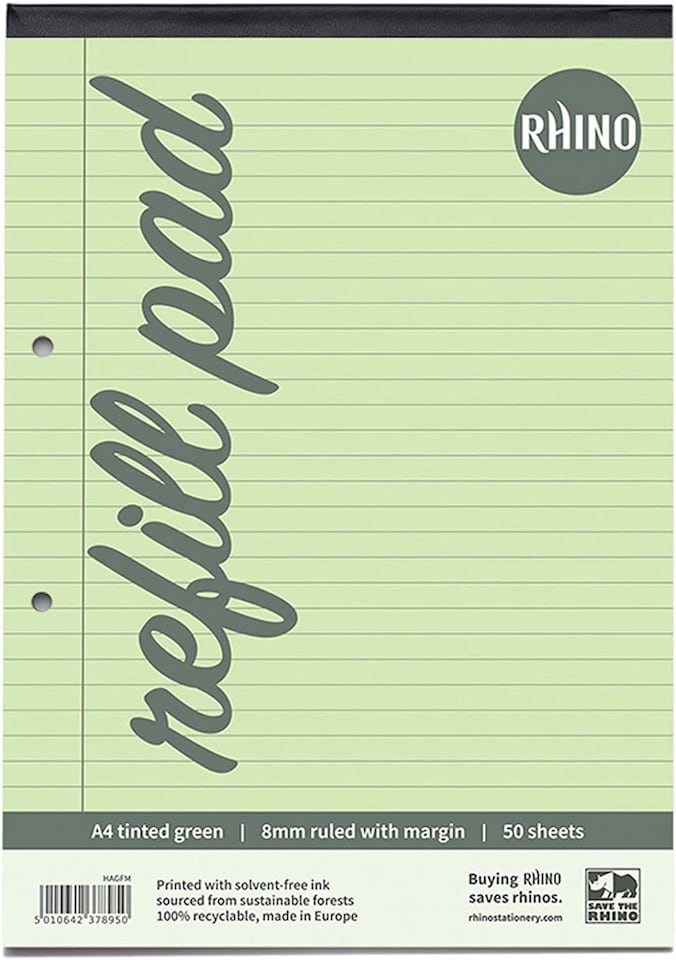image 1 of Rhino 100 Page 8mm Lined with Margin Refill Pad Green A4 1 Pack