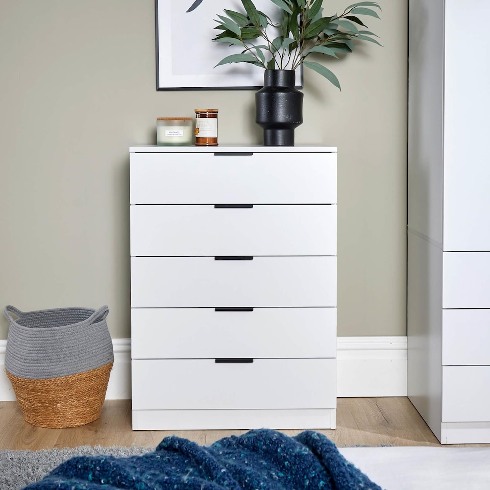 image 1 of Phoenix Chest Of 5 Drawers Bedroom Furniture Clothing Storage Organiser Unit | White