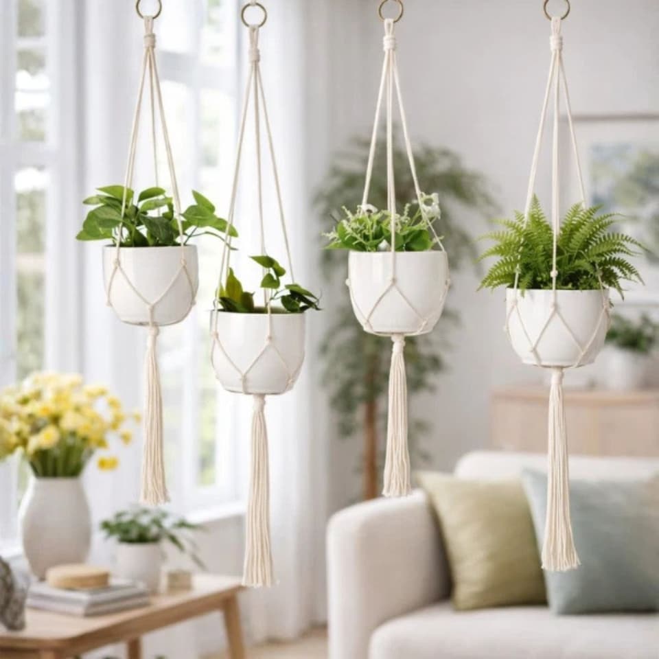 image 1 of Marco Paul 4pc Macrame Rope Plant Hanger Set