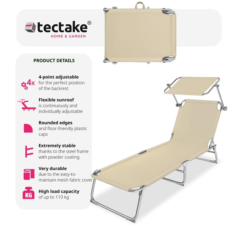 image 1 of Sun Lounger - foldable, adjustable sunshade and 4-step backrest Cream | Beige