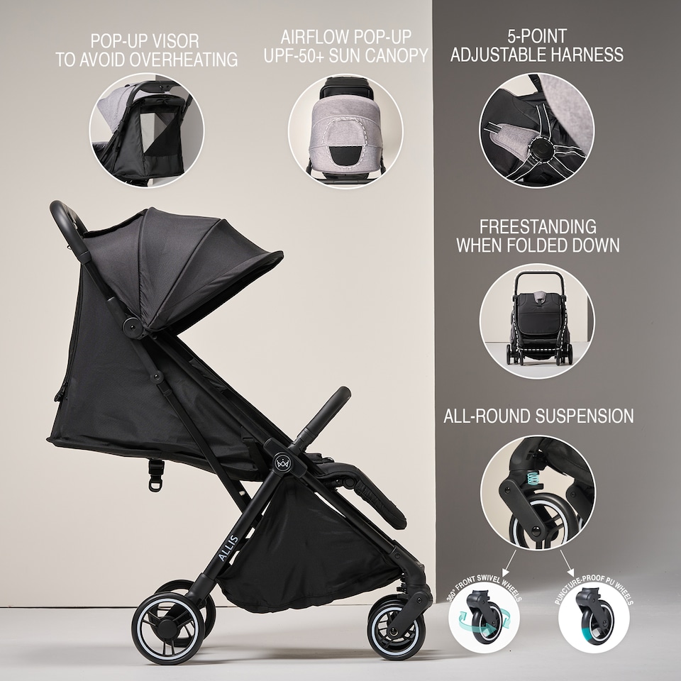 image 1 of Allis Baby Flick Auto-Fold Stroller - Lightweight Foldable Pushchair - For Newborns to up to 22kg | Grey | Grey | One Size | 1