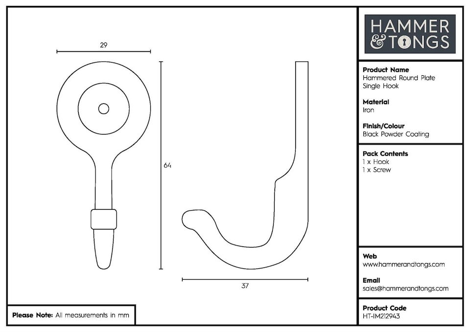 image 1 of Hammer & Tongs Hammered Round Plate Single Hook - W30mm x H65mm - Black