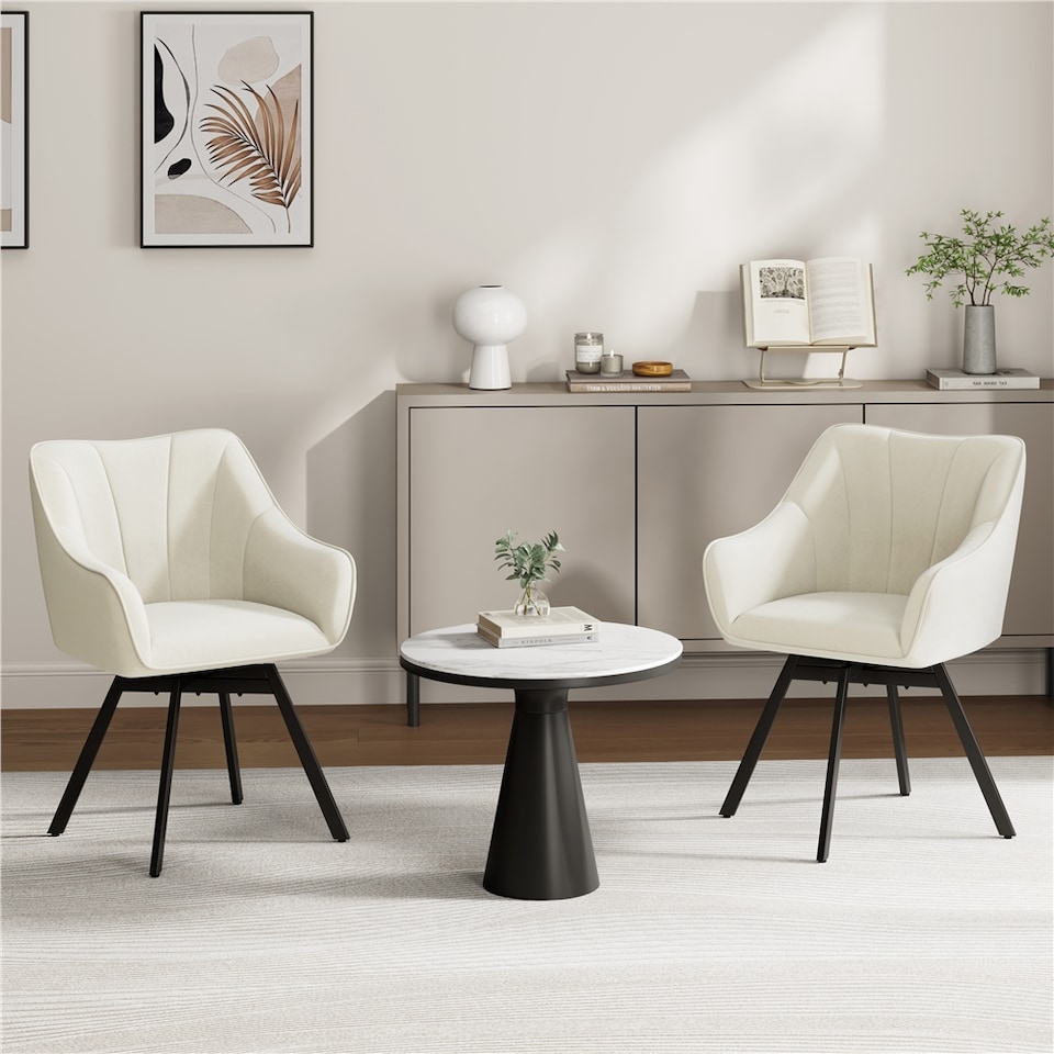 image 1 of Yaheetech Set of 2 Modern Velvet Dining Chairs with Rotating Seat and Backrest | White | Beige | One Size