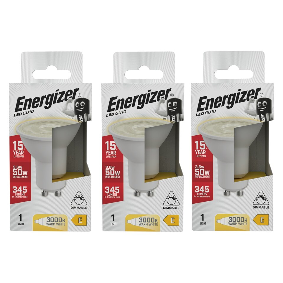 image 1 of Energizer LED GU10 345lm 3.6W 3000K (Warm White) Dimmable Light Bulb - Pack of 3