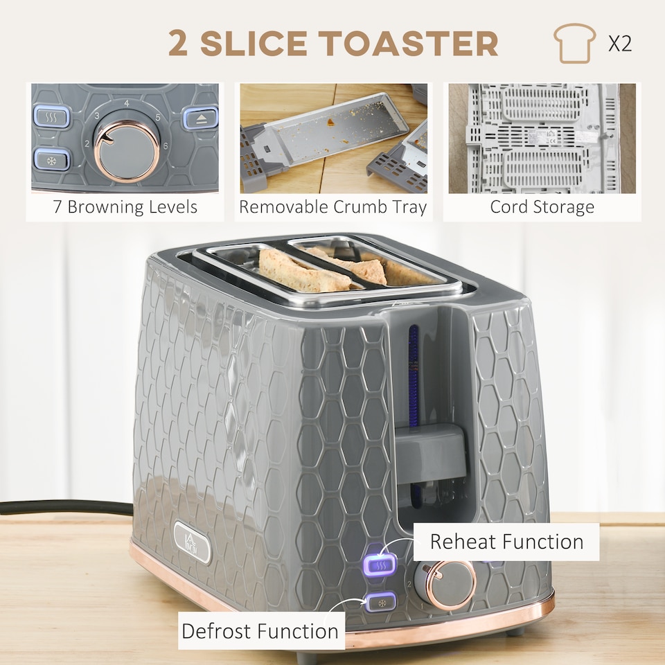 image 1 of HOMCOM Kettle and Toaster Set 1.7L Kettle & 2 Slice Toaster Set Grey