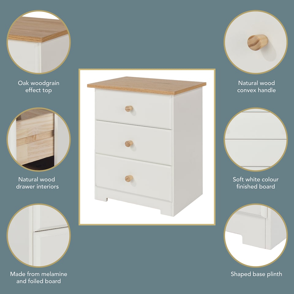 image 1 of Colorado 3 Drawer Bedside Cabinet - Affordable Modern White & Oak Style | White | Soft White | One Size | 1