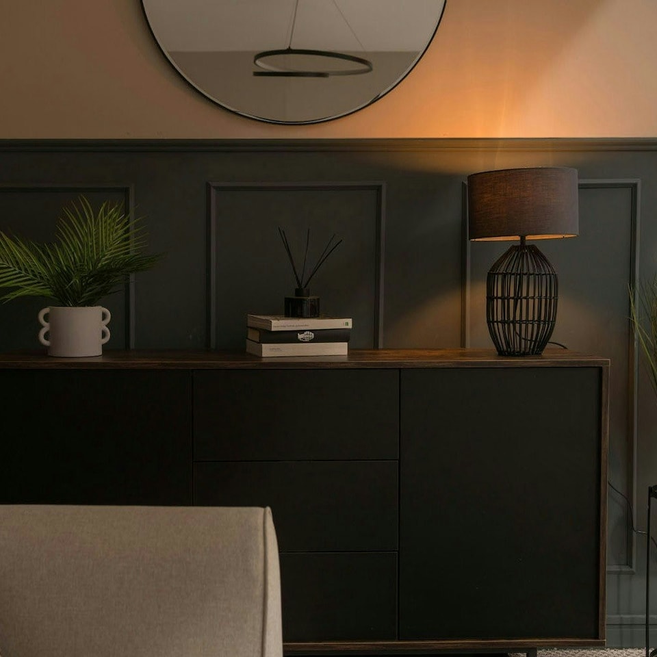 image 1 of ValueLights Hollins Painted Black Table Lamp Small Grey Shade and Bulb