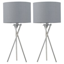 First Choice Lighting Set of 2 Chrome Tripod Table Lamps with Grey Cotton Shades Chrome | Grey