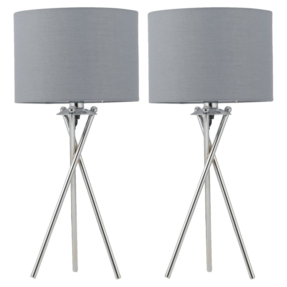 image 1 of First Choice Lighting Set of 2 Chrome Tripod Table Lamps with Grey Cotton Shades Chrome | Grey