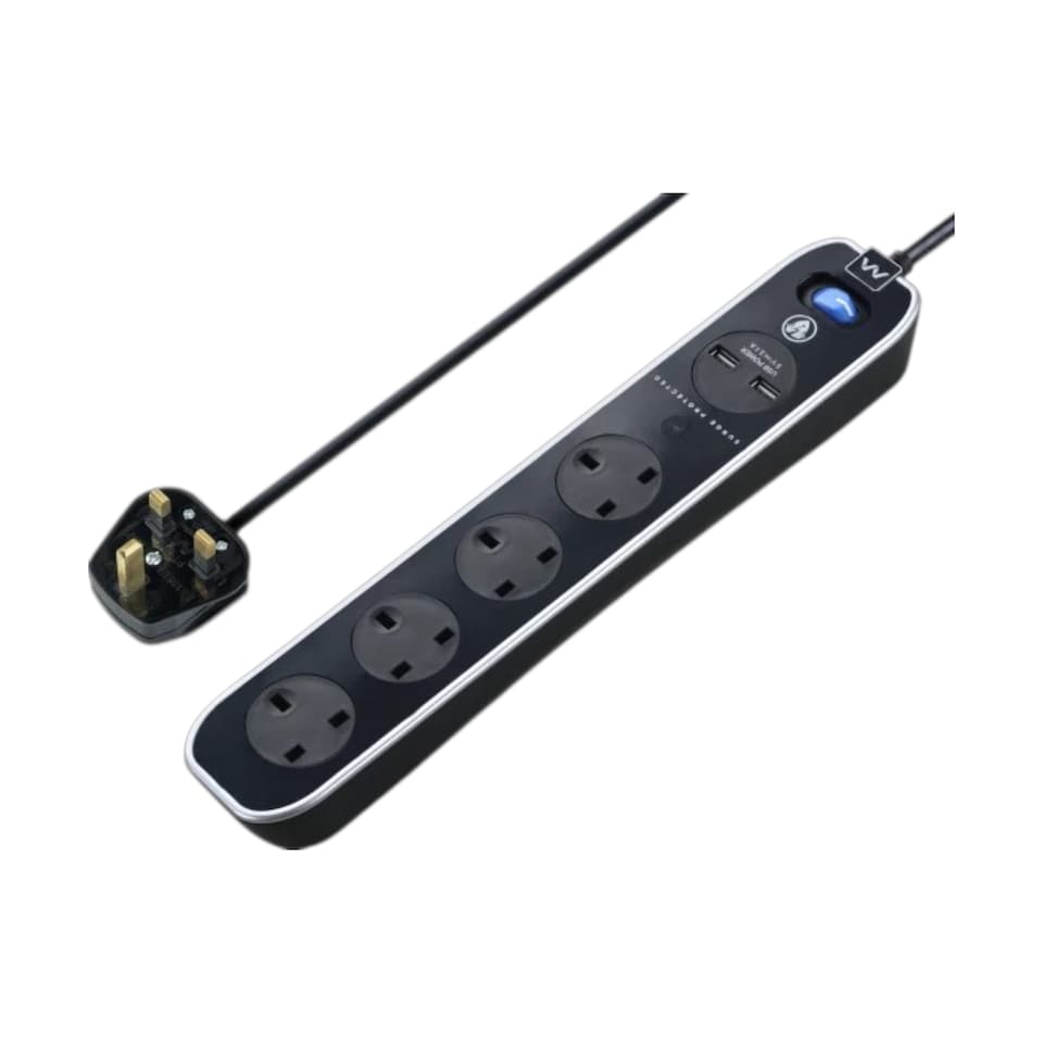 image 1 of Masterplug 4 Socket Surge Protected Power Strip Extension Lead 2 USB Ports 2m Black