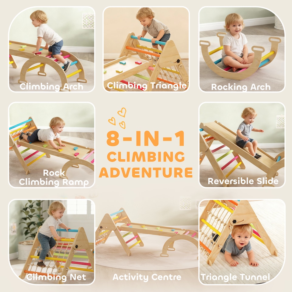 image 1 of AIYAPLAY 8-in-1 Toddler Climbing Frame, Play Triangle Set, Multicolour