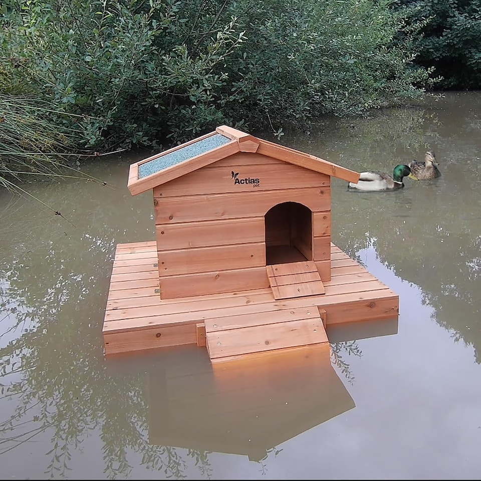 image 1 of Actiaspet Floating Wooden Duck House with Nesting Area | Weatherproof Outdoor Shelter