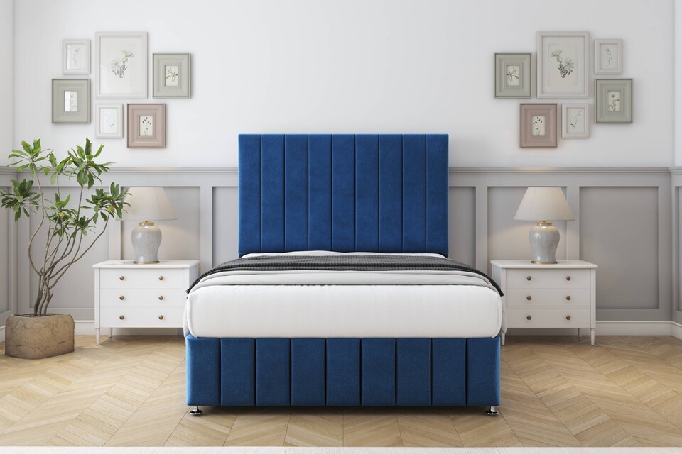 image 1 of Sloomy California Navy Plush Divan Bed Base No Drawers With 54 Inch Floor Standing Headboard & 12 Inch Matching Footboard | Blue | Navy | Small Double | 1