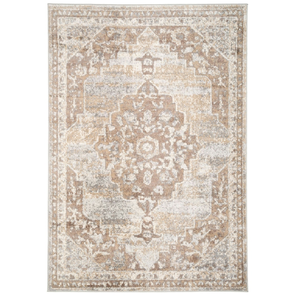 image 1 of KUKOON Beige Traditional Medallion Bordered Living Area Rug 80cm x 150cm