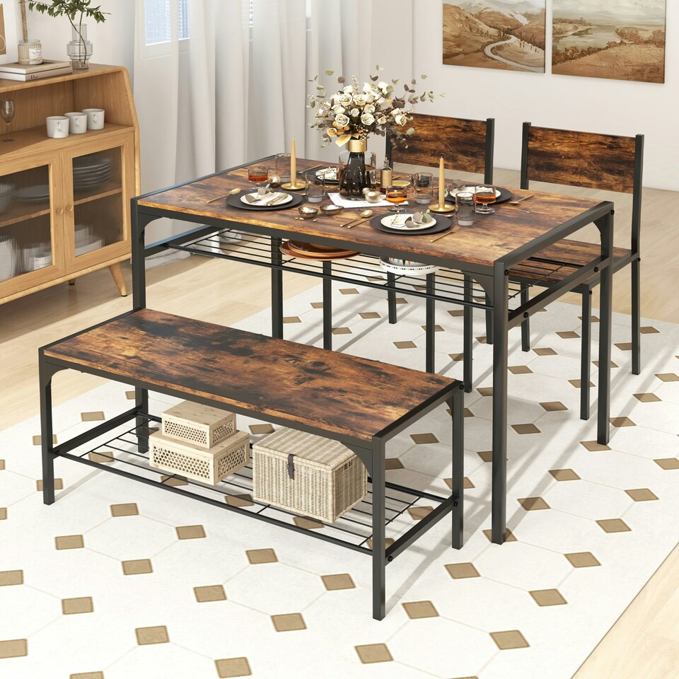 image 1 of COSTWAY 4-piece Dining Set Table with Chairs & Bench Brown Brown