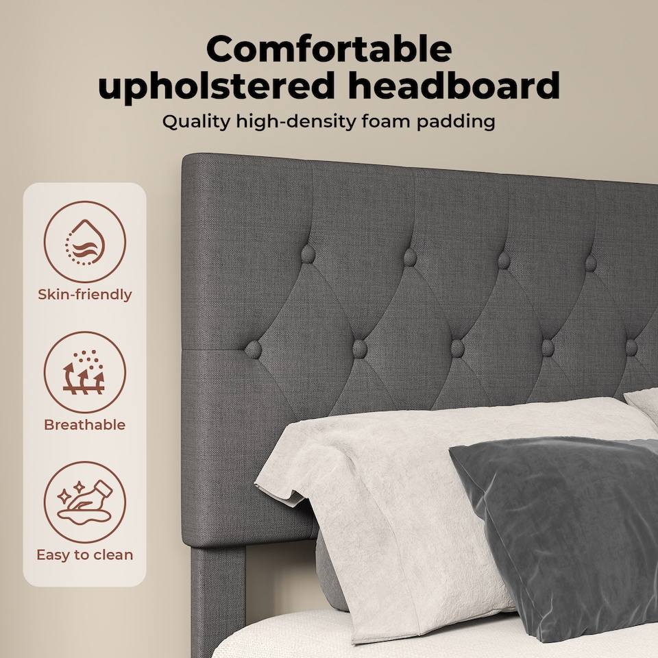 image 1 of Levede King Bed Frame Upholstered Linen Fabric Soft Foam Headboard Wooden Grey | Grey | Grey