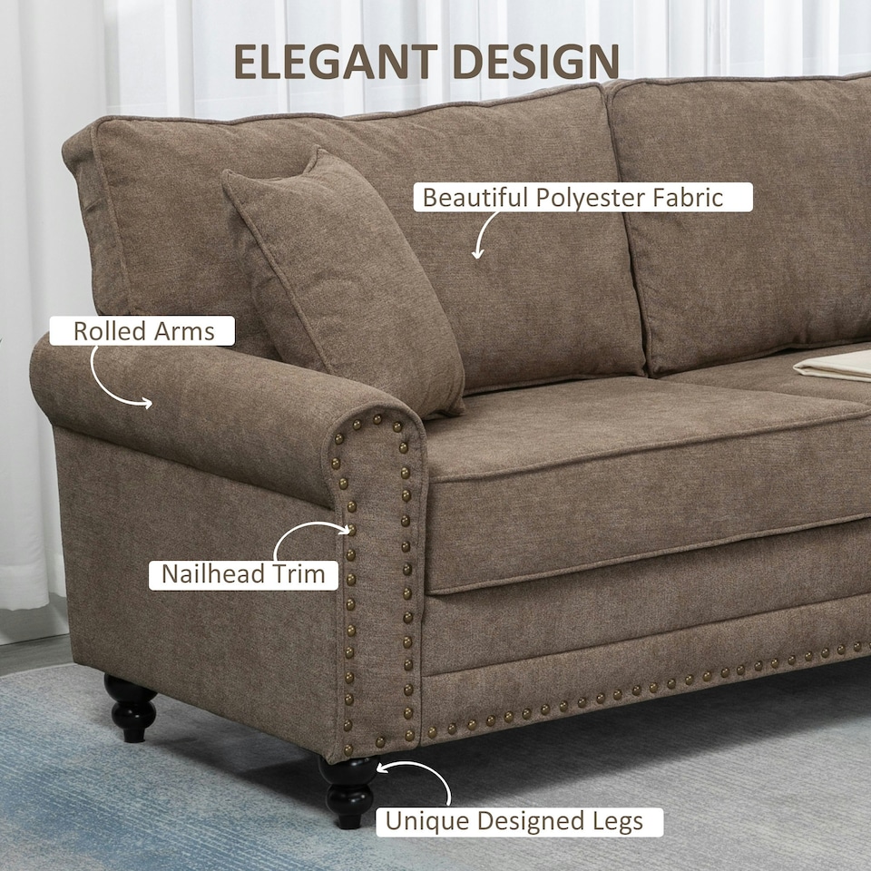 image 1 of HOMCOM Fabric Sofa 3 Seater Sofa for Living Room w/ Throw Pillow Brown