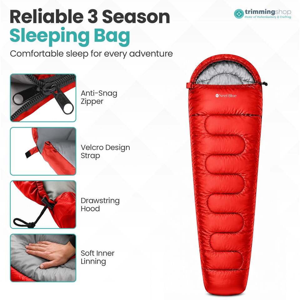 image 1 of 350GSM Mummy Waterproof Sleeping Bag with Hood, 6ft Adults - 3-4 Season