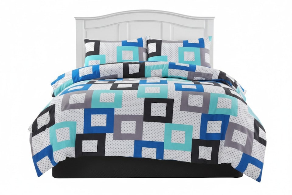 image 1 of Modern Blue And Grey Geometric Modern Duvet Cover And Pillowcase Set | White | King