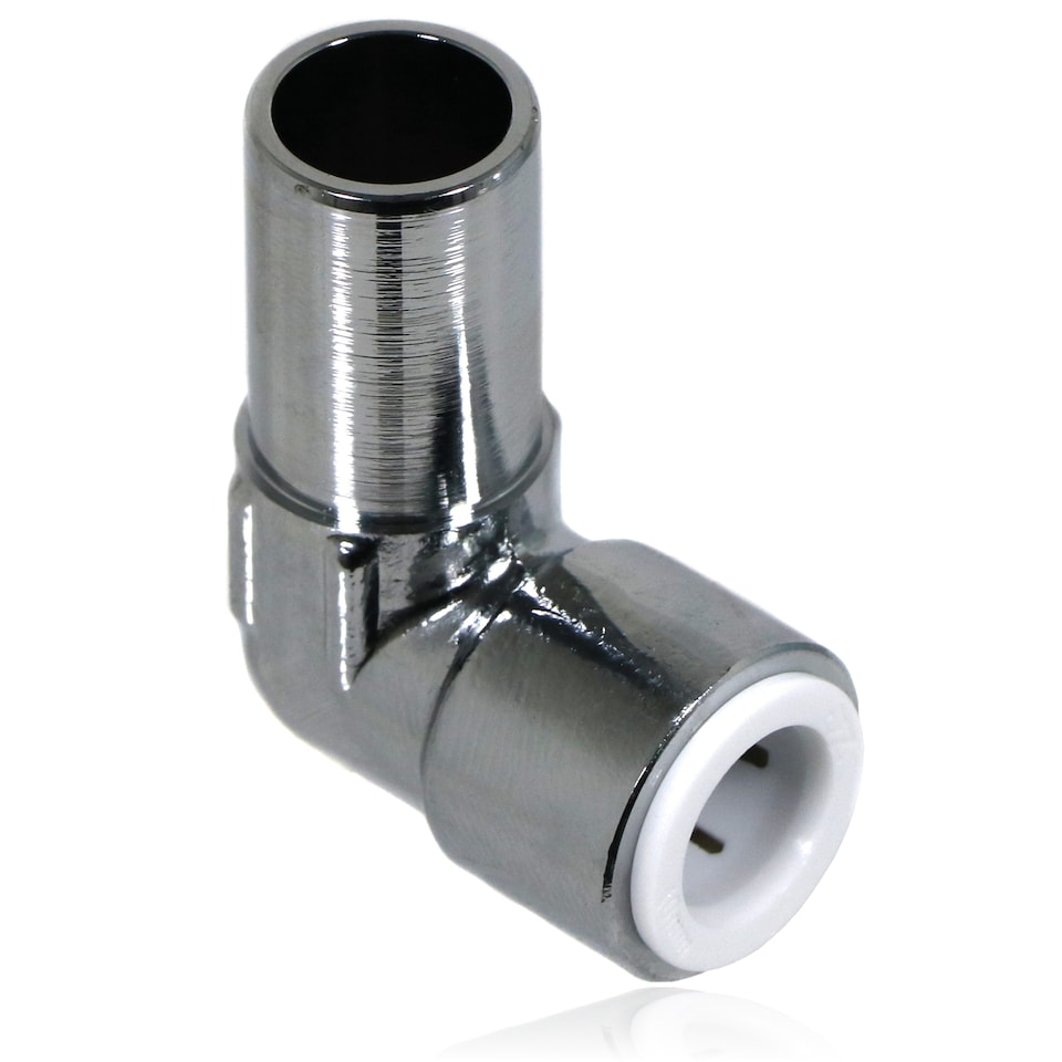 image 1 of SPARES2GO 15mm x 10mm Pushfit Radiator Valve Chrome Reducing Elbow Stem Compression (Pack of 4)