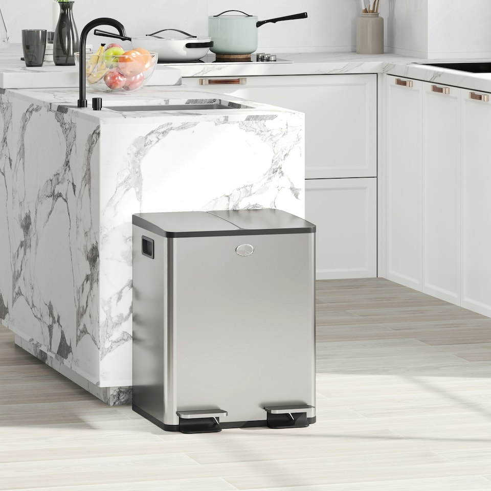 image 1 of HOMCOM 2 x 20L Dual Kitchen Bin Pedal Bin for Recycling and Waste Silver | 40L