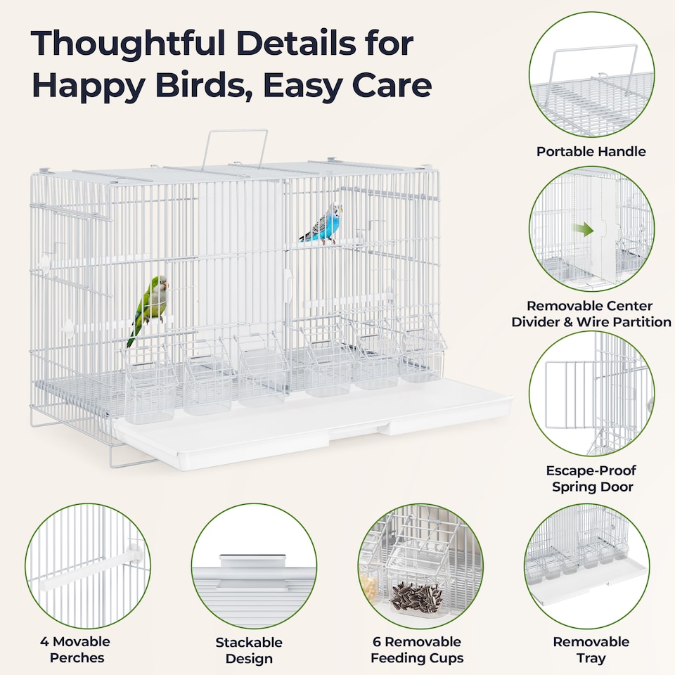 image 1 of Yaheetech Small Stackable Bird Cage for Budgies & Canaries, 60 × 26 × 39.5cm, 11mm Bar Spacing, Removable Divider & Slide-Out Tray, White