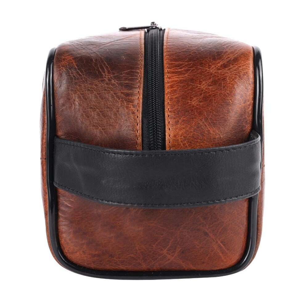 image 1 of SPORTGIFTZ Buffalo Leather Rugby Wash Bag Durable Toiletry Bag for Rugby Players and Fans Moisture-Resistant Lining, Secure Zip and Carry Handle 25cm x 14cm Brown