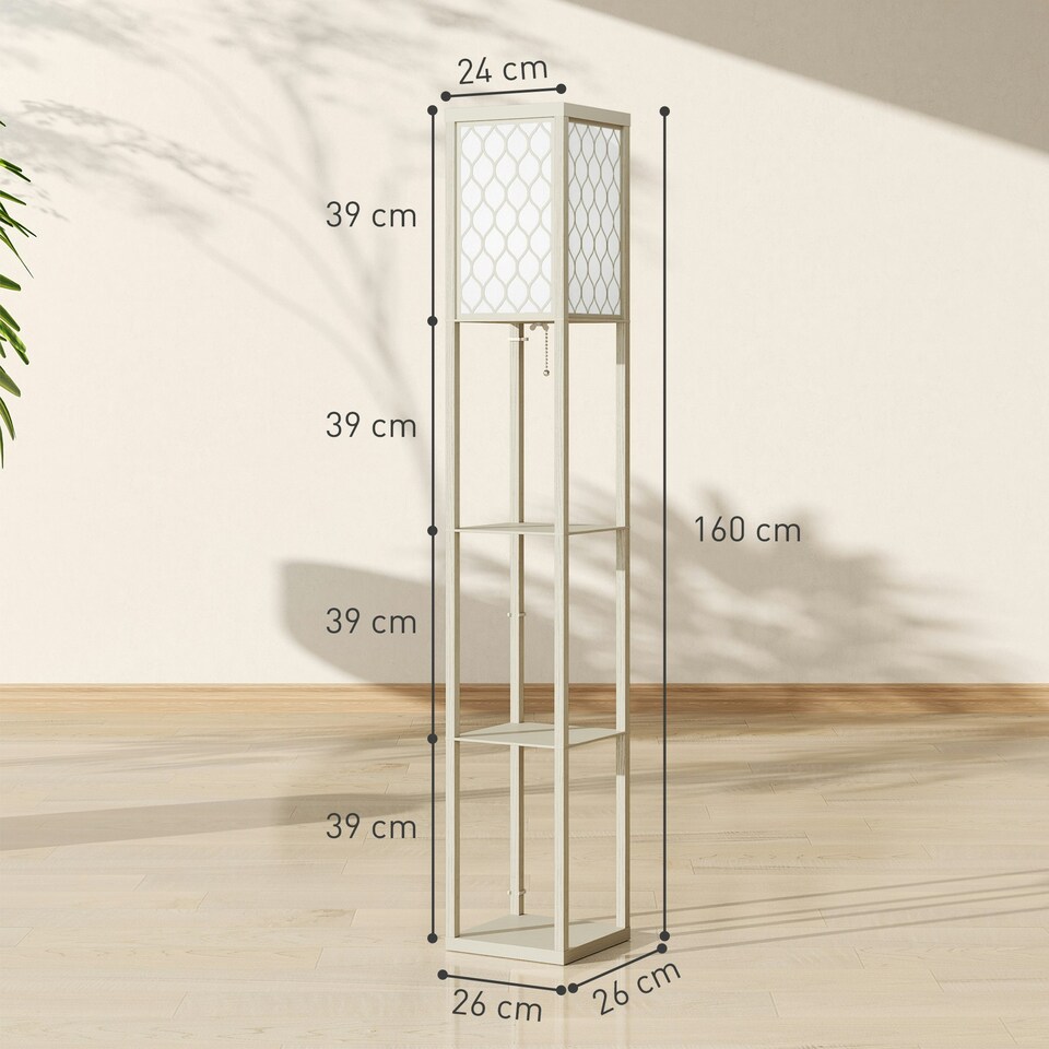 image 1 of HOMCOM Modern Floor Lamp Light with 3 Shelves Fabric Lampshade Oak Yellow