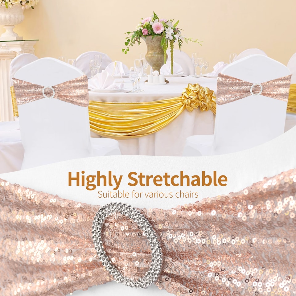 image 1 of Sequin Chair Sashes Stretch Spandex Chair Bands with Silver Buckle - 10pcs