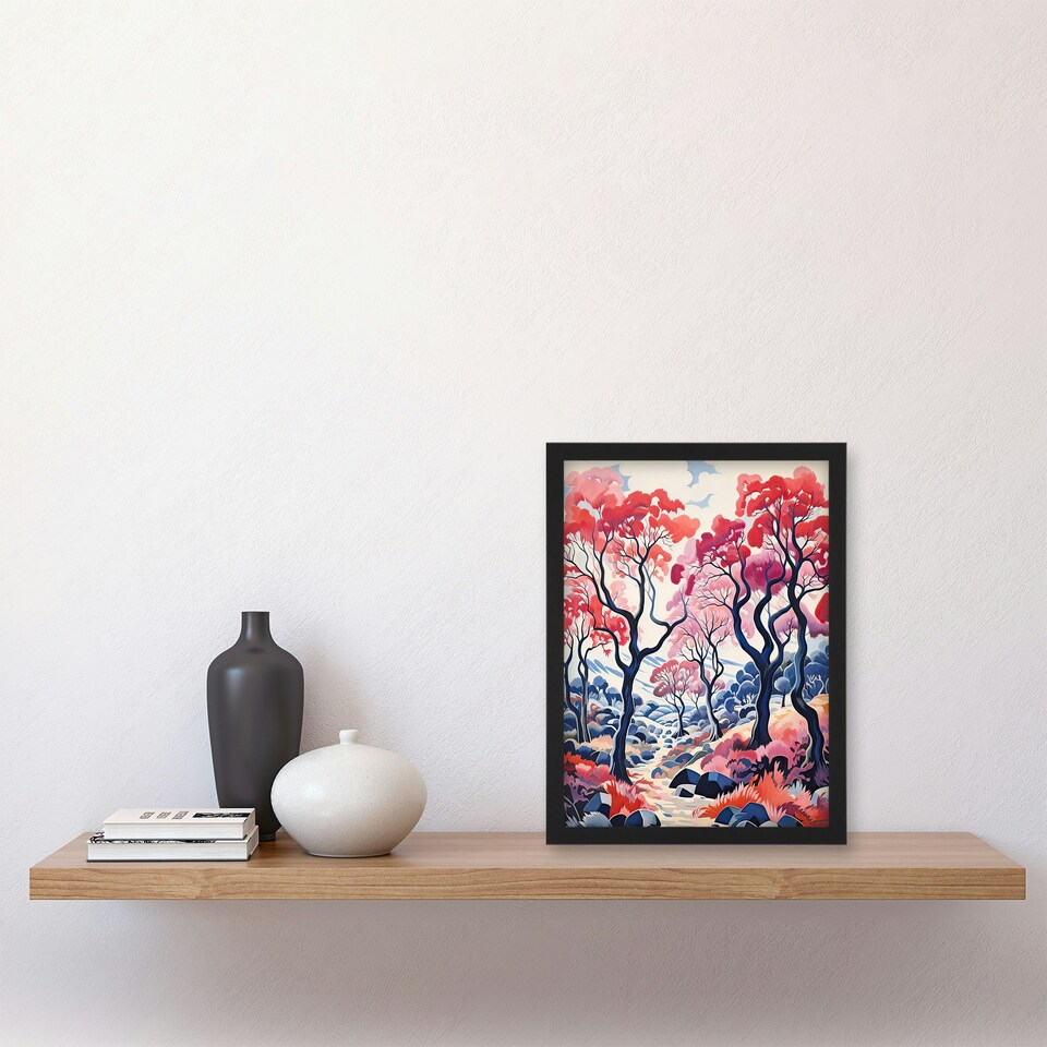 image 1 of Autumn Trees Countryside Landscape Pink Black Framed Wall Art Print A4