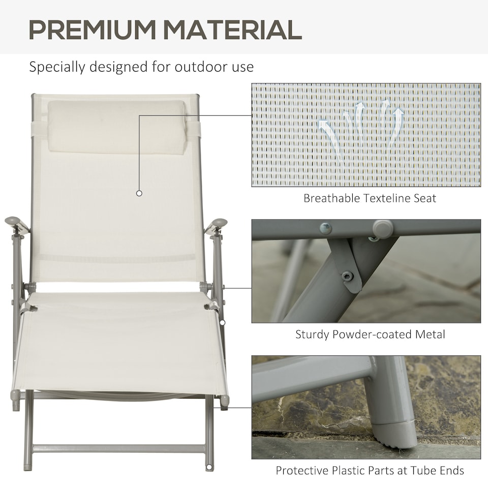 image 1 of Outsunny Sun Lounger Recliner Foldable Padded Seat Adjustable Texteline White | Cream