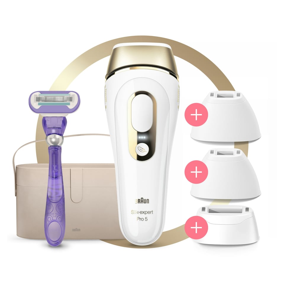 image 1 of Braun IPL Silk-Expert Pro 5, At Home Hair Removal Germanyvice with Vanity Case, White/Gold, PL5347