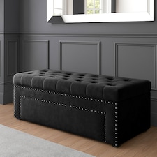 150cm Duke Ottoman Storage Box -Upholstered Blanket Box - Black Plush Velvet Multifunctional Storage Box