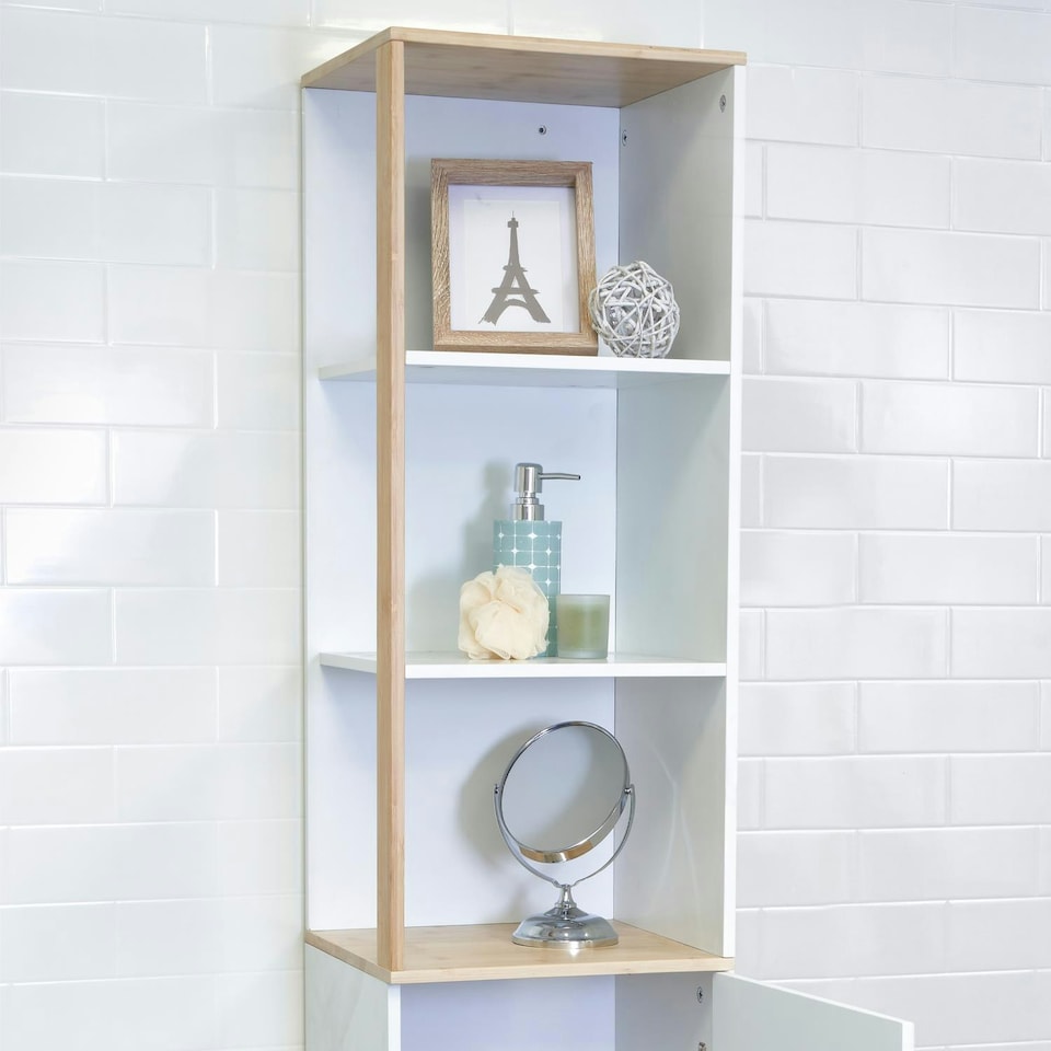 image 1 of Showerdrape Catania Matt White & Bamboo Tall Bathroom Cabinet with Display Shelves