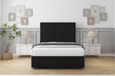 Sloomy Kansas Black Plush Divan Bed With Mattress No Drawers With 26" Strutted Headboard 4' Small Double | Black | Black | Small Double | 1
