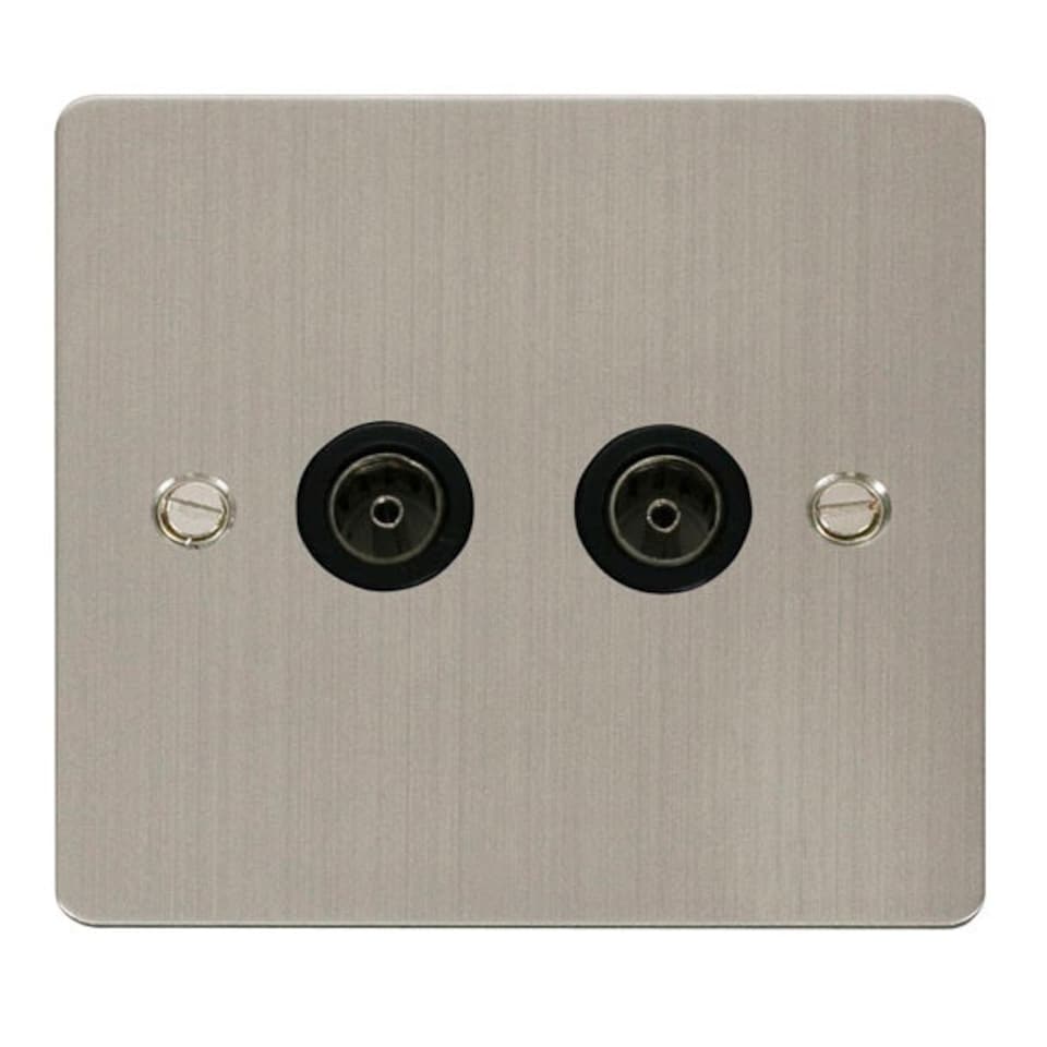 SE HOME Flat Plate Stainless Steel 2 Gang Twin Coaxial TV Socket - Black Trim - SE Home Black | Stainless Steel