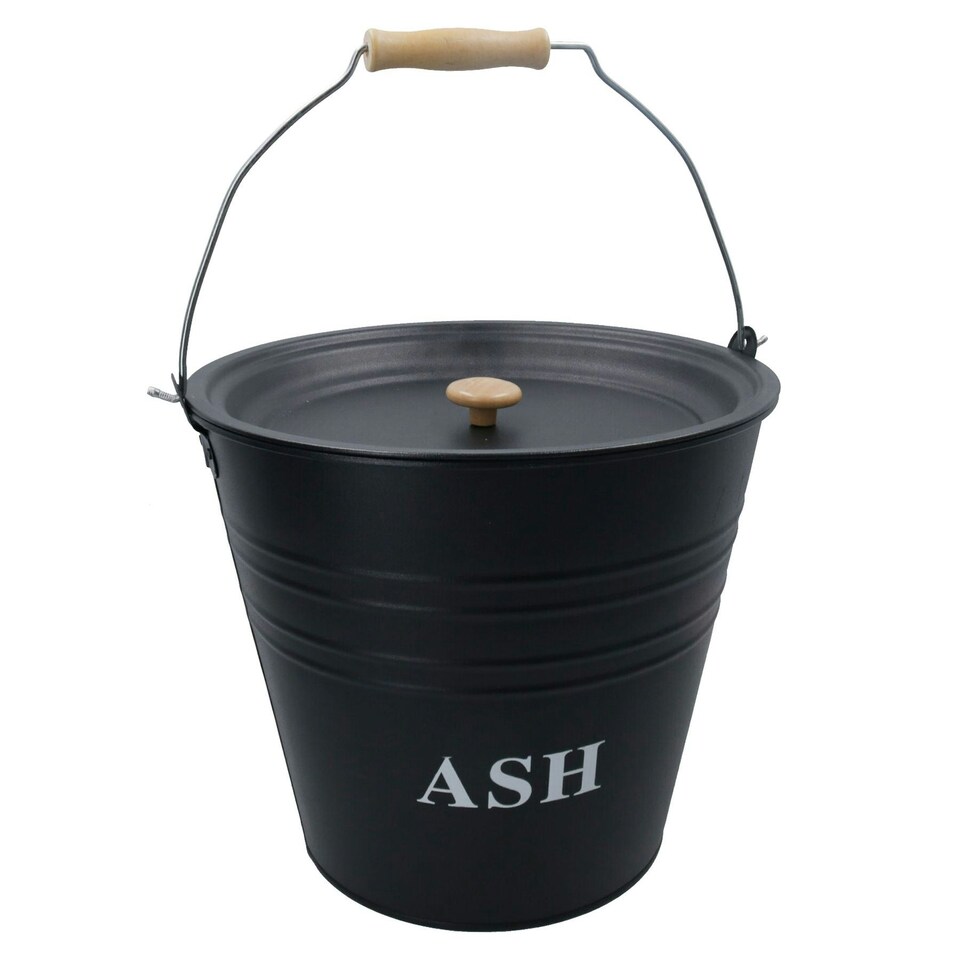image 1 of Metal 12 Litre Cap Ash Bucket with Lid Fireplace Fireside Bin Scuttle Holder Coal