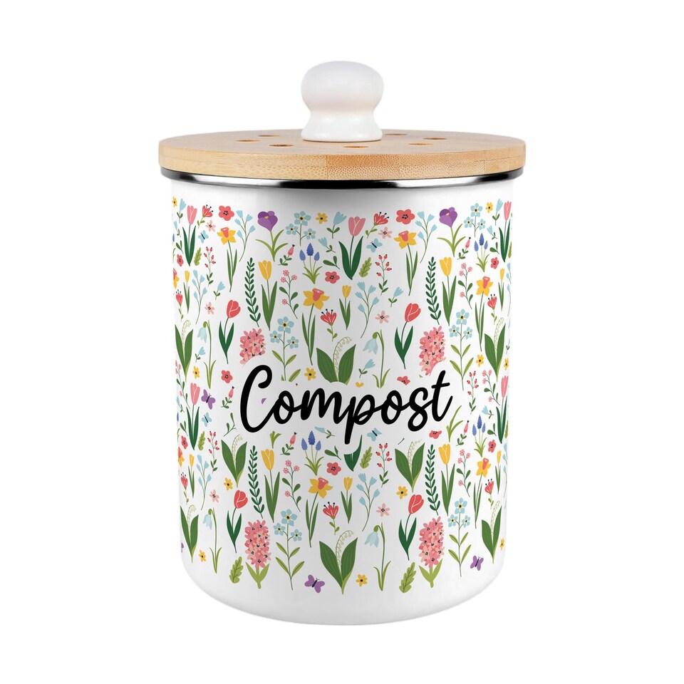 image 1 of Spring Flowers Compost Caddy - Metal 2L Decorative Kitchen Food Waste Bin