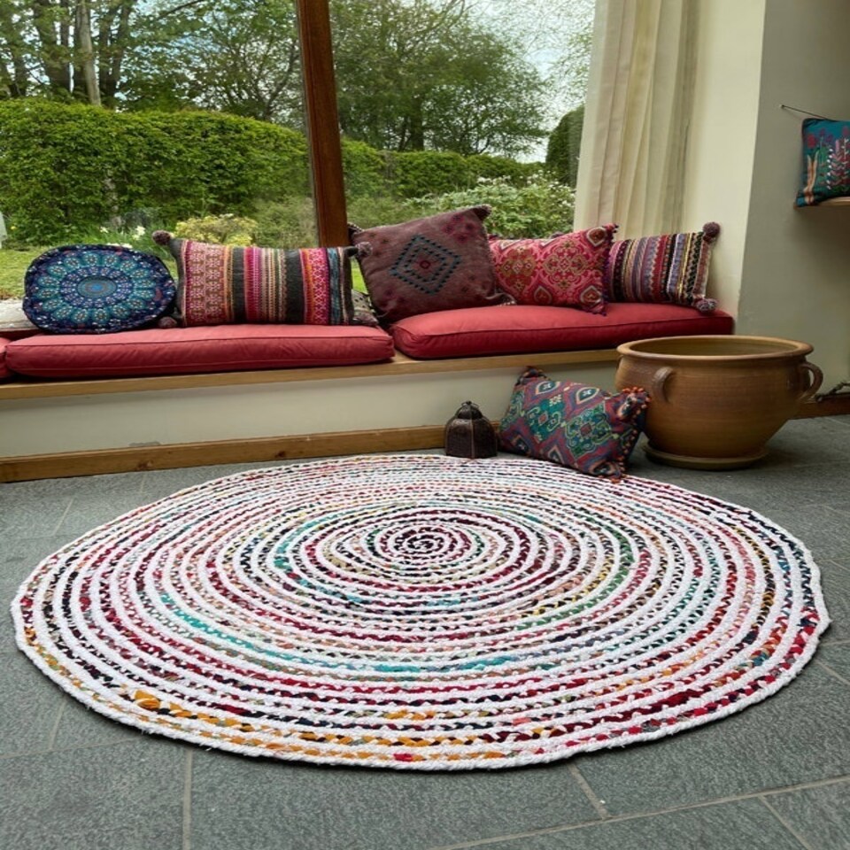 image 1 of CARNIVAL White Cotton Round Circles Rug with Multi Colors (CARNIVAL150R) Multi