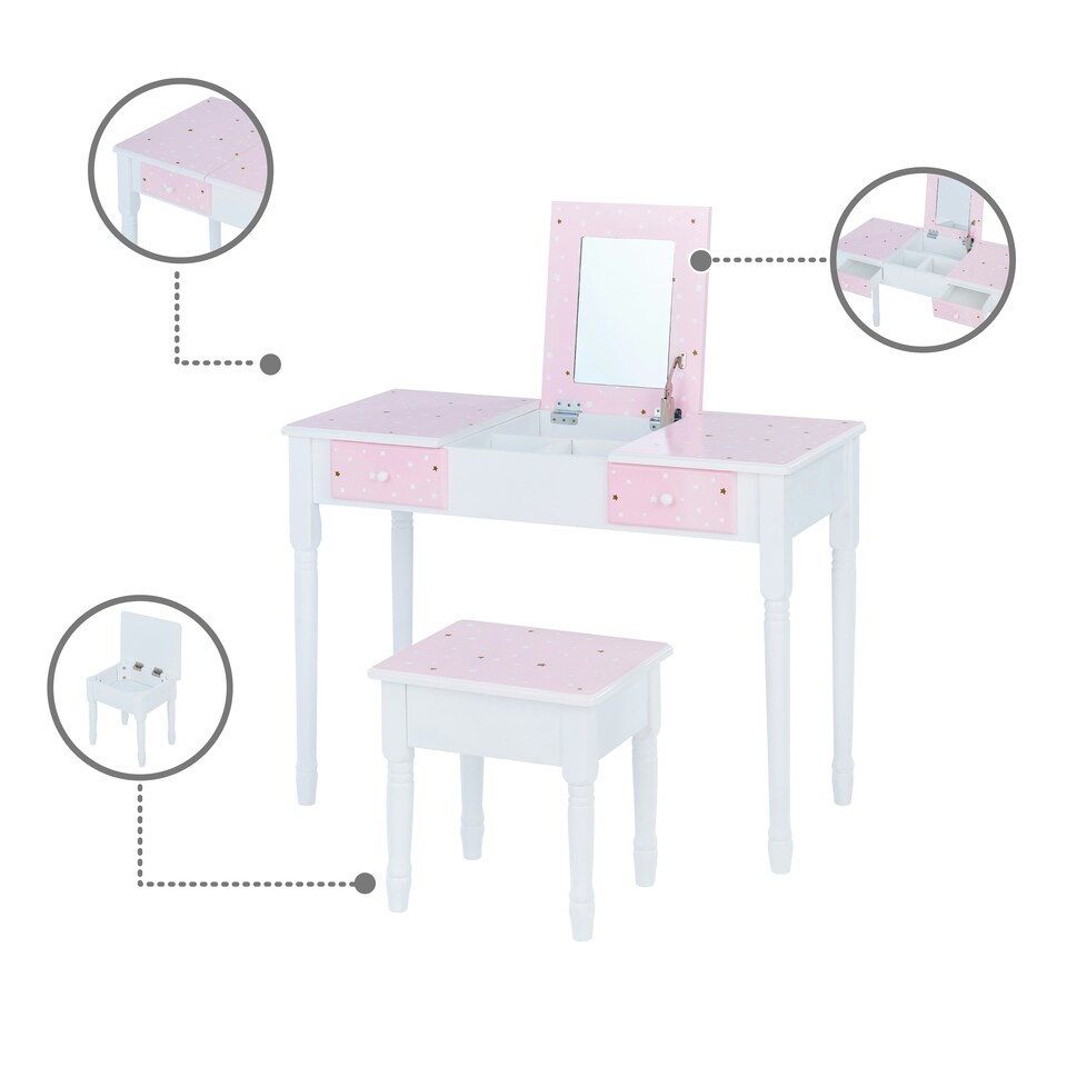image 1 of Teamson Kids Twinkle Star Vanity Set with Foldable Mirror and Chair, Pink/White