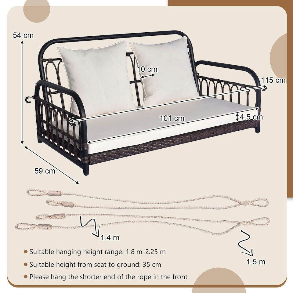 image 1 of COSTWAY 2-Person Patio Wicker Swing Chair Hanging Bench w/Cushions | White