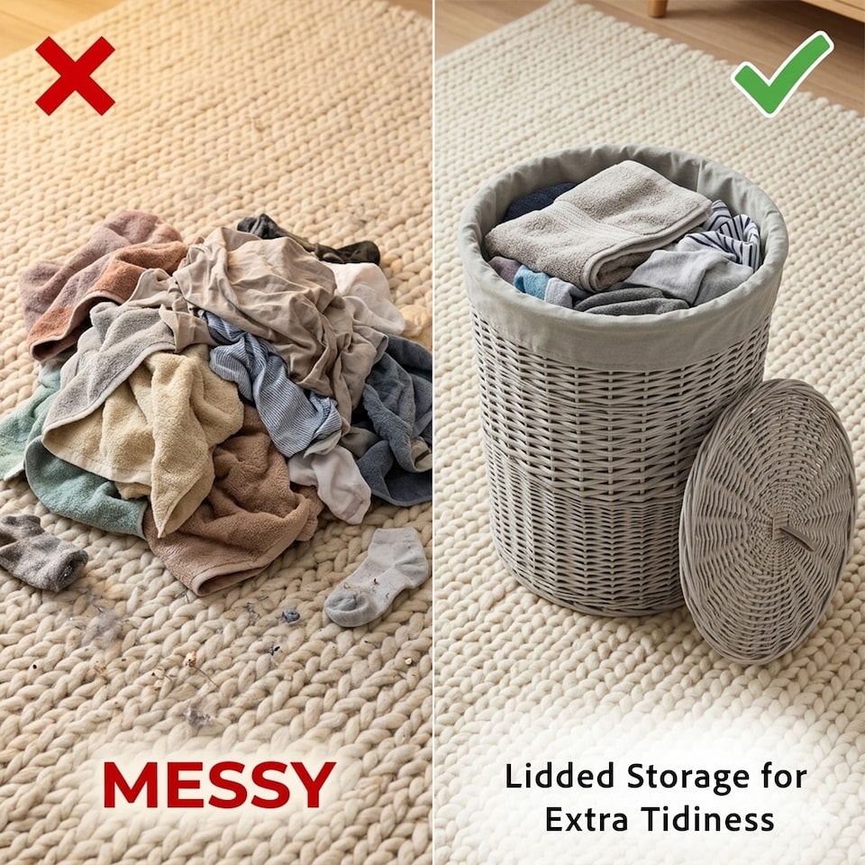 image 1 of Wicker Laundry Hamper Basket, Laundry Basket with Lid, Round Washing Baskets, Wicker Wash Baskets with Lining Bathroom Storage (Grey, Large)