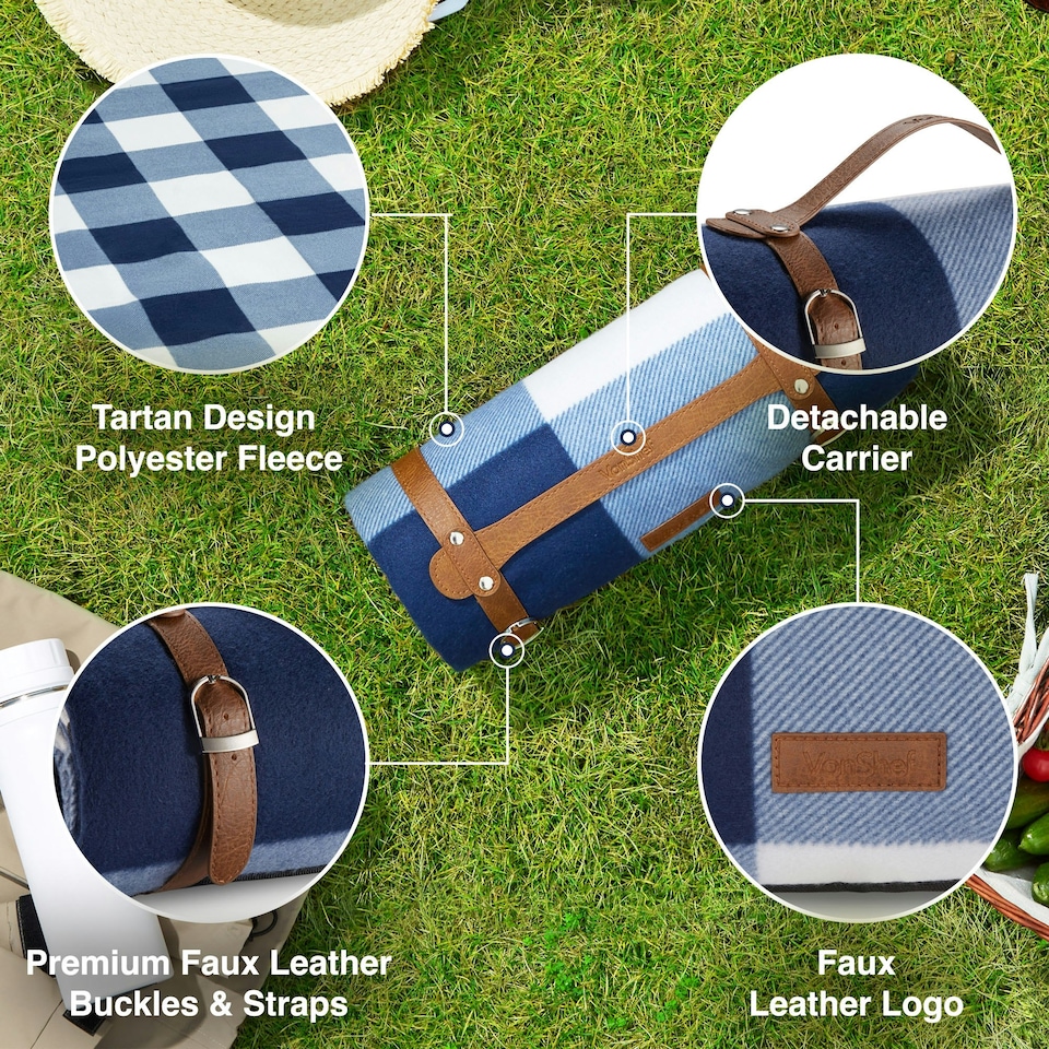 image 1 of VonShef Picnic Blanket Large Navy & White Tartan for Outdoor