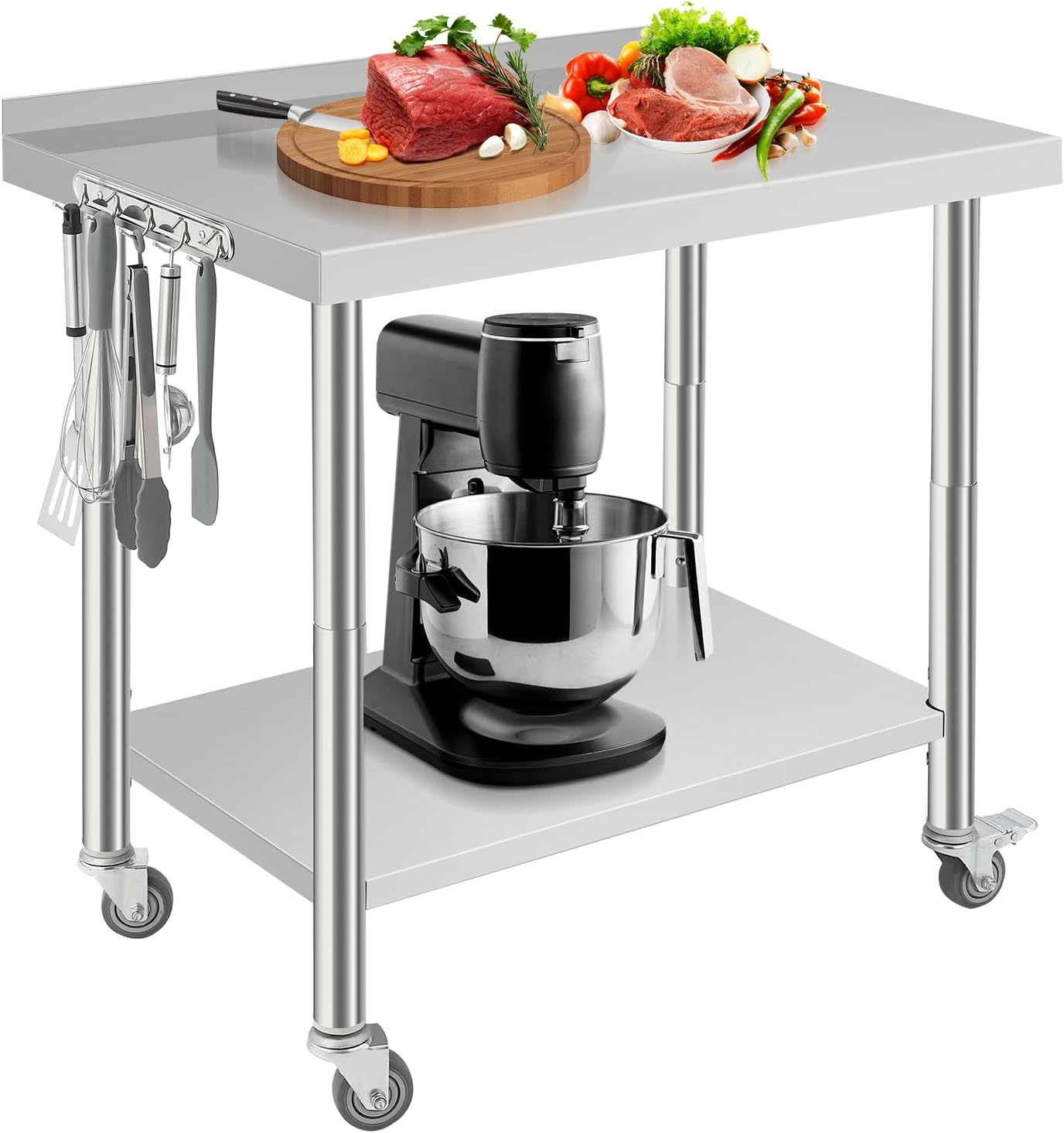 London Boutique Stainless Steel Prep Work Table, Commercial Table with Backsplash, Caster Wheels and Hooks, Flat Edge, 36 x 24 x 35 in