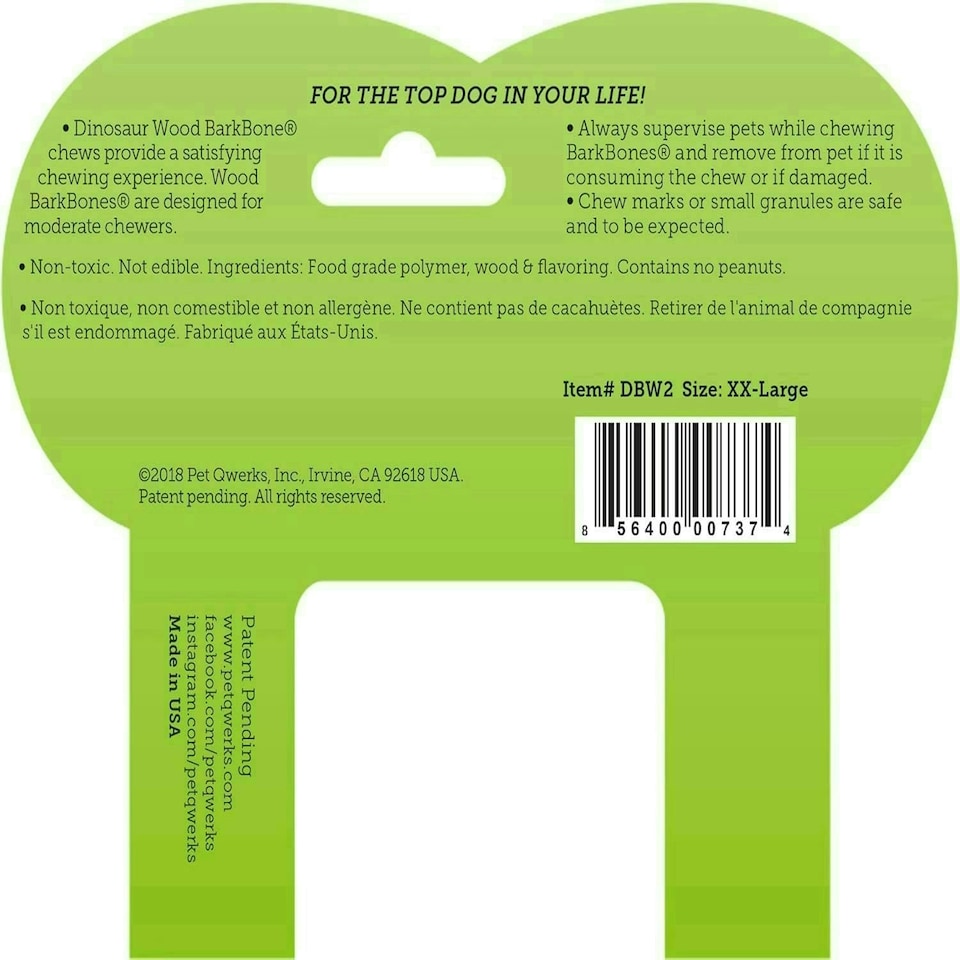image 1 of Pet Qwerks Dinosaur BarkBone - Wood Dog Bone for Moderate Chewers - Peanut Butter Flavor - 9.75"